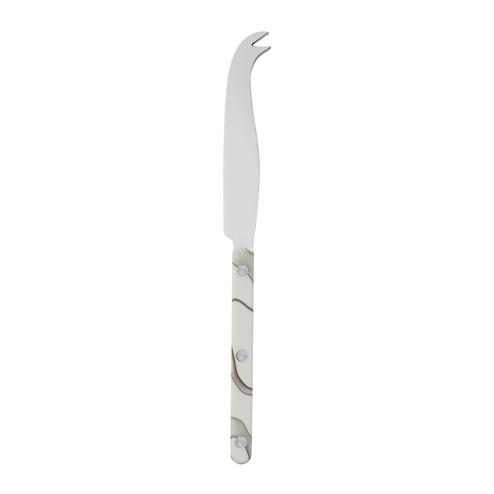 A Sabre cheese knife with a white and grey swirl pattern on the handle.