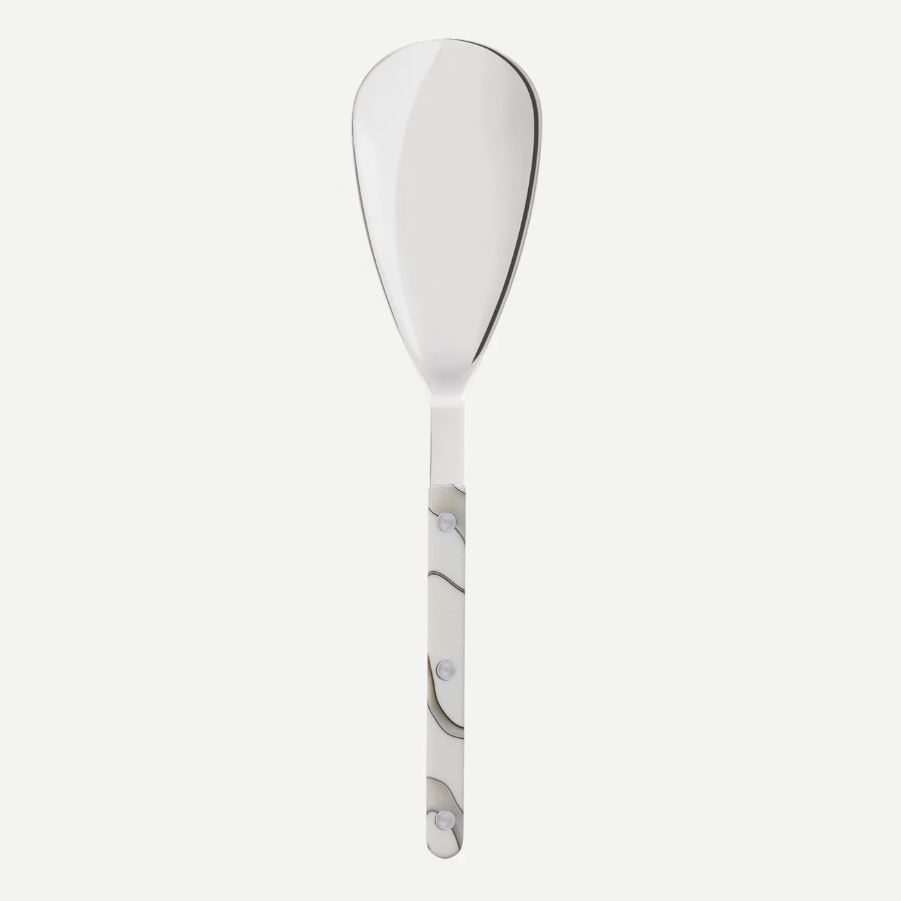 A large silver spoon made by Sabre Paris with a white and grey swirl pattern on the handle.