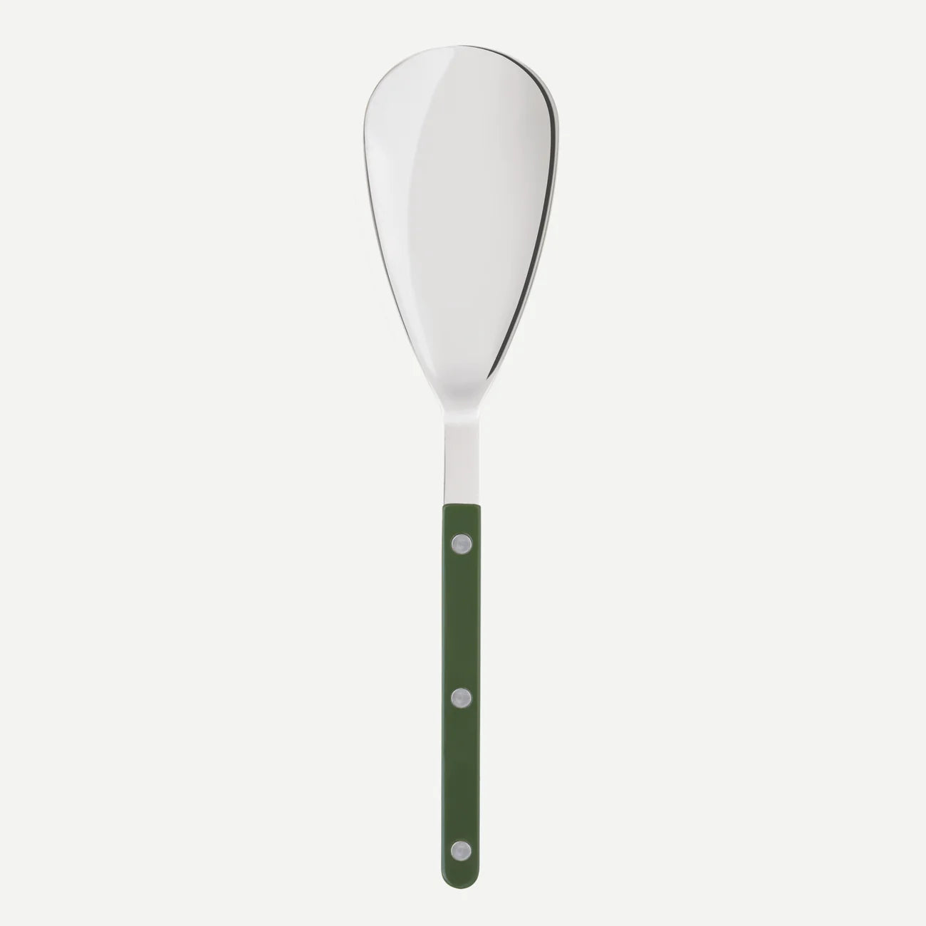 A large serving spoon made by Sabre Paris with a forest green colour handle.