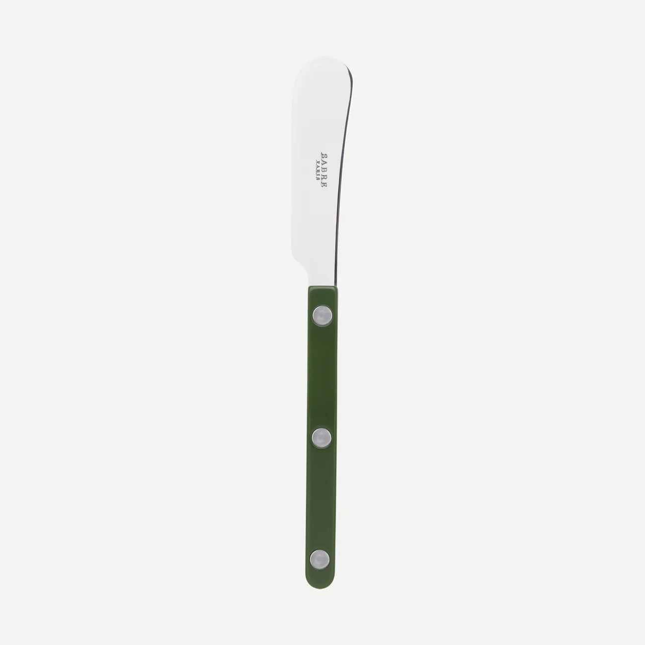 A small butter knife made by Sabre Paris with a forest green colour handle.