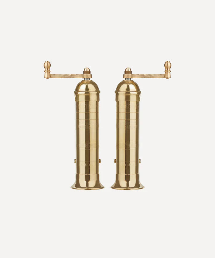 THis is a picture of Brass salt & pepper mills with a top handle standing side by side.