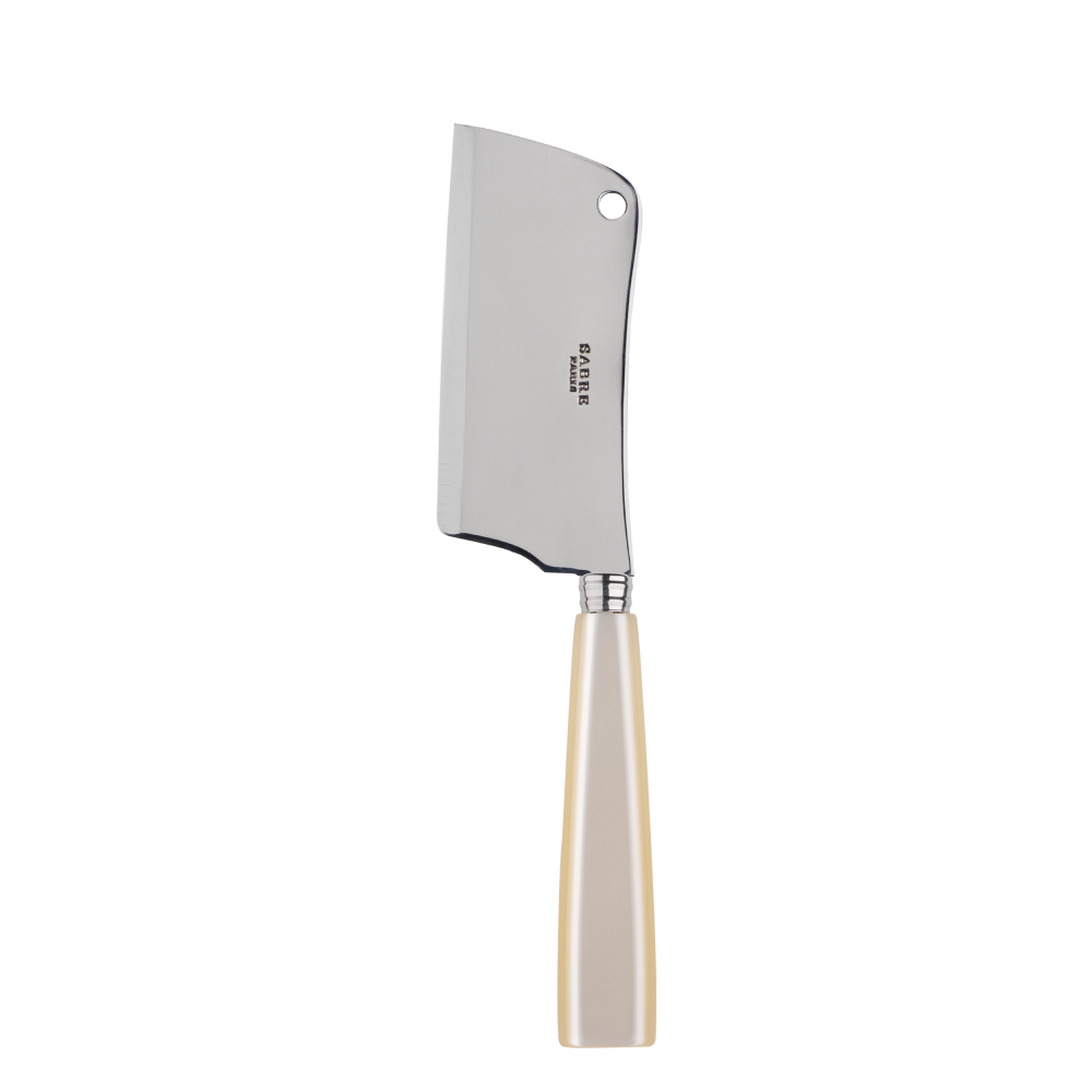 A sabre paris cheese cleaver with a natural pearl coloured handle.