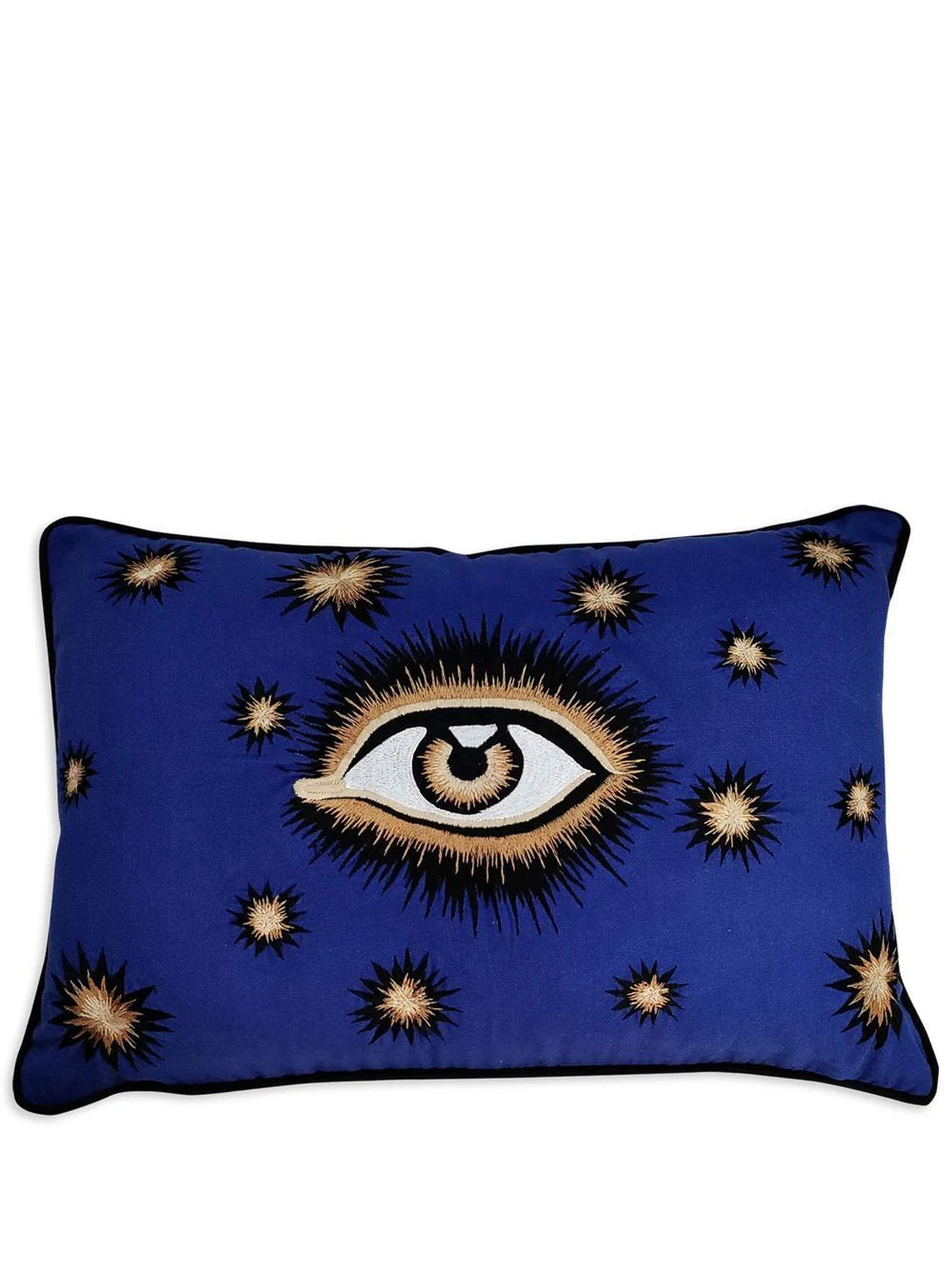 A navy coloured cushion with a large eye motif in the centre, surrounded by gold and black starbursts on the front of the cushion.