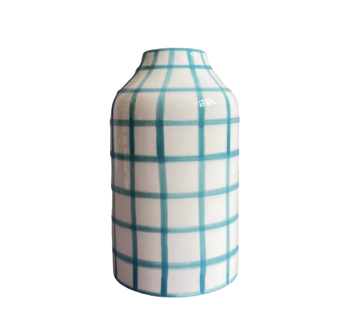 A ceramic vase hand painted with a light blue gingham pattern.