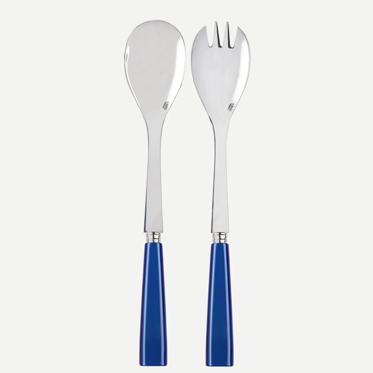 A sabre paris salad serving set comprising of a large fork and a large spoon with bright lapis blue handles.