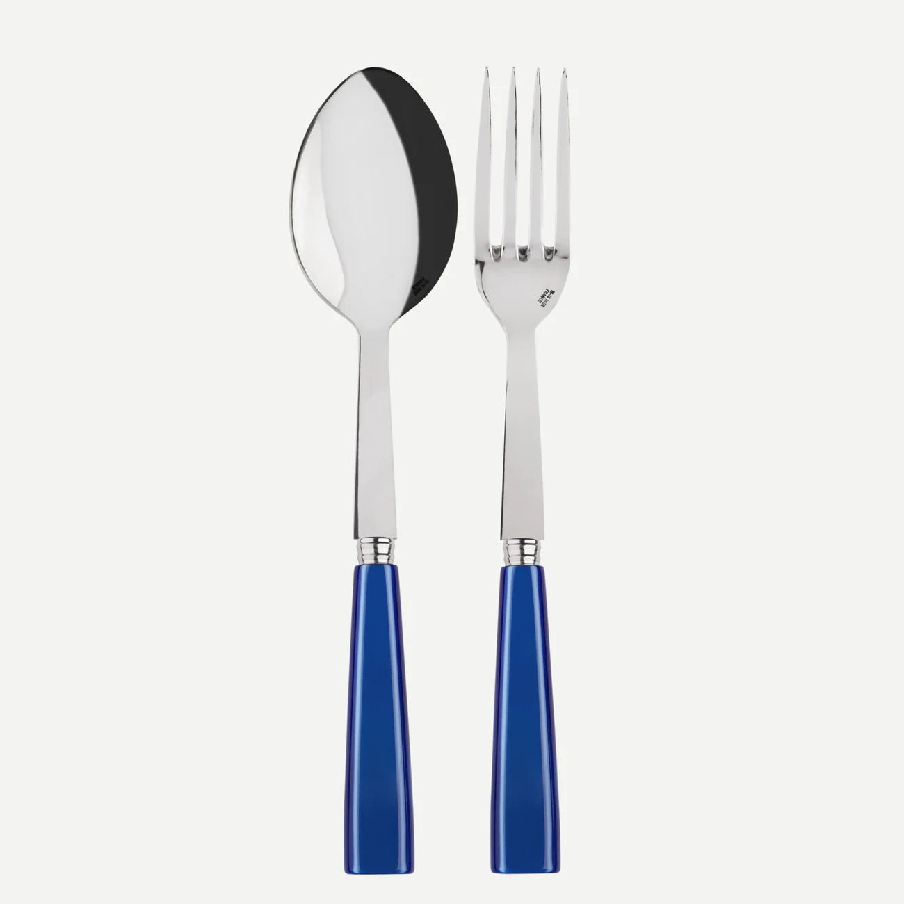 A sabre Paris icone serving set consisting of a large fork and a large spoon with bright lupis blue handles.