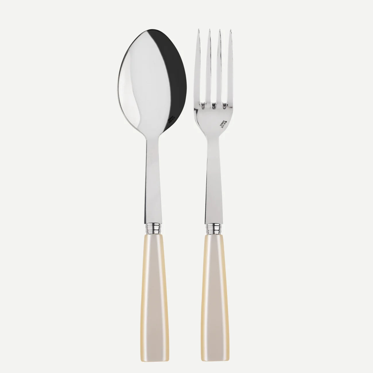 A sabre Paris icone serving set consisting of a large fork and a large spoon with natural pearl coloured  handles.