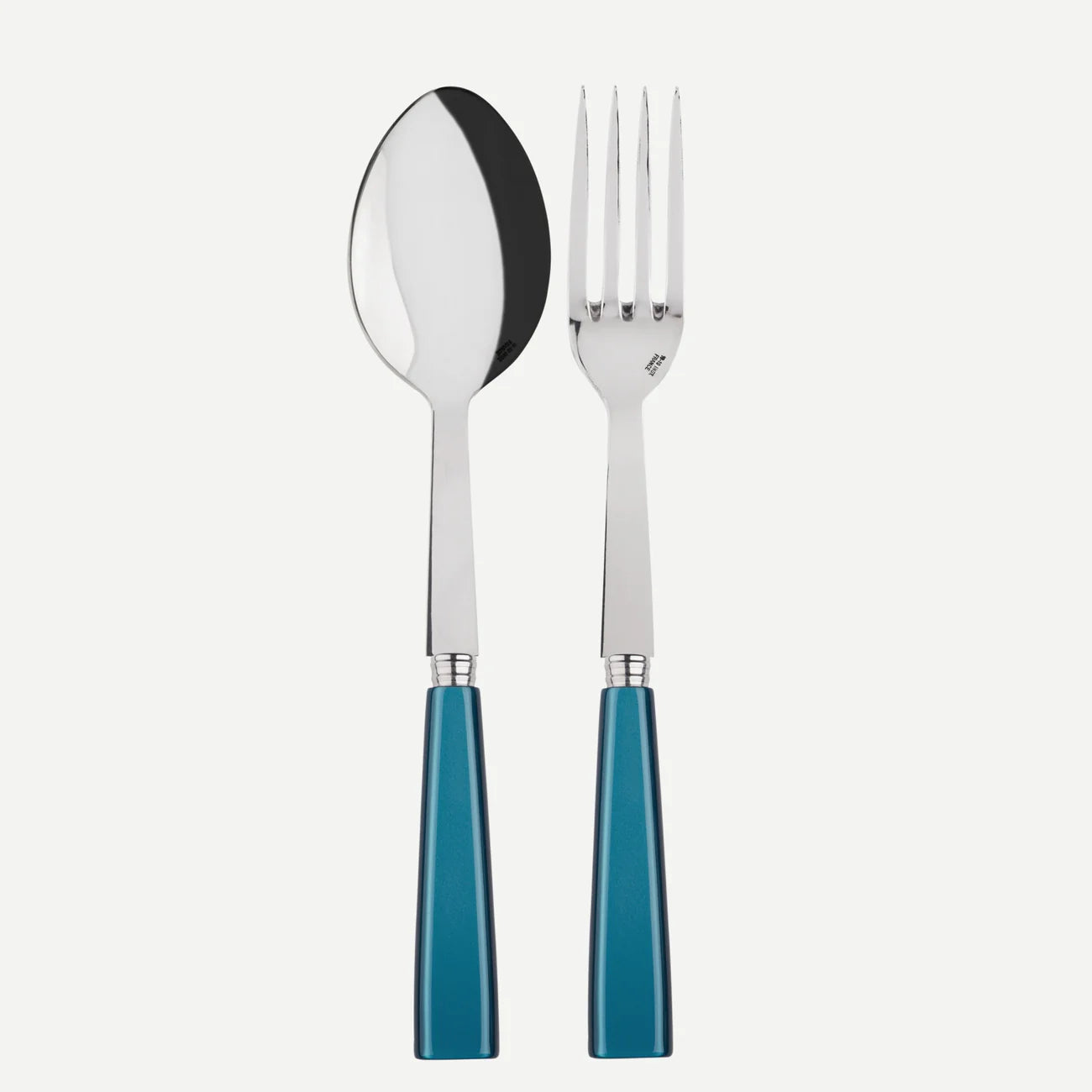 A sabre Paris icone serving set consisting of a large fork and a large spoon with bright turquoisehandles.