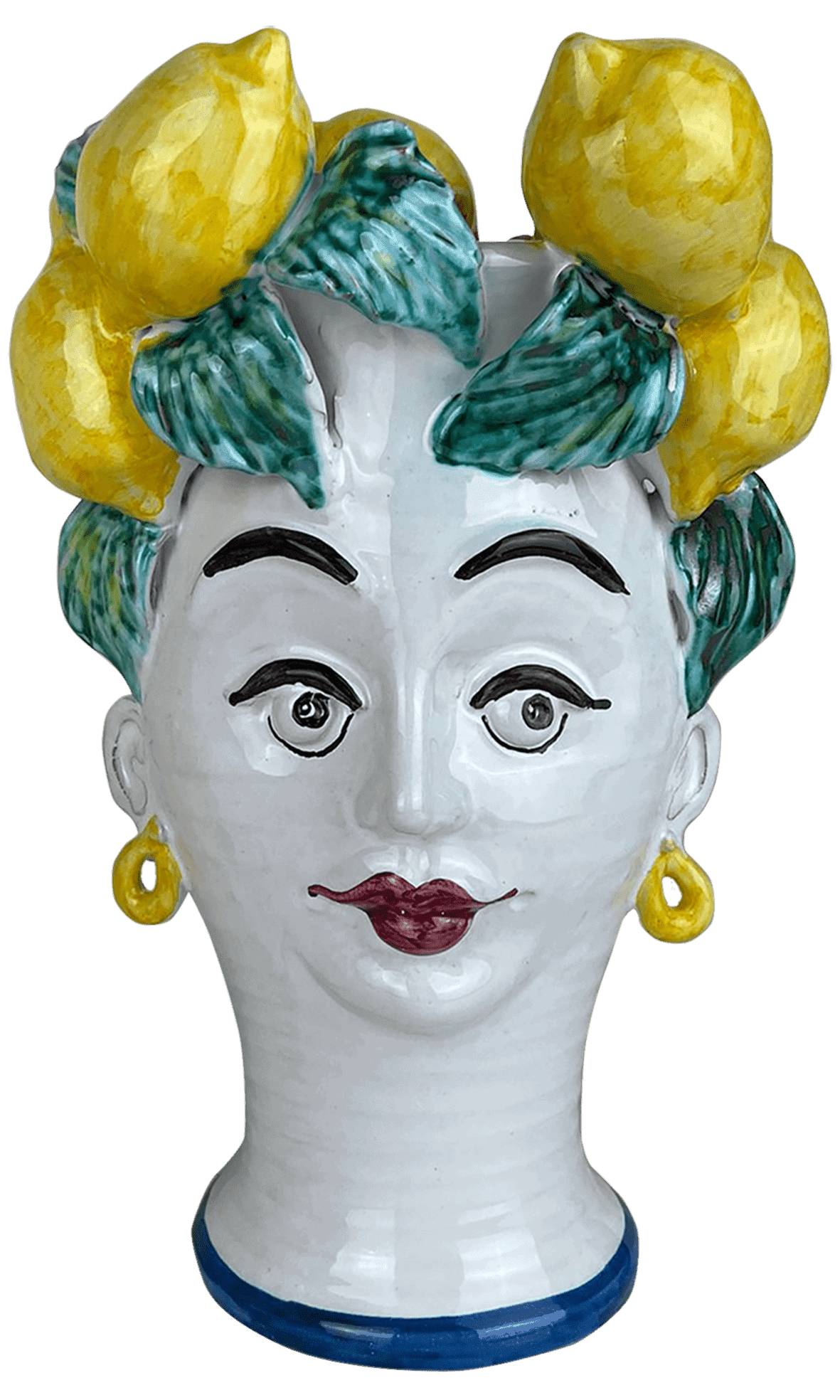 A ceramic Sicilian style vase of a ladies head decorated with lemons. The vase/ centrepiece is hand painted and  features yellow lemons, green leaves, red lips, yellow earrings and black facial features.