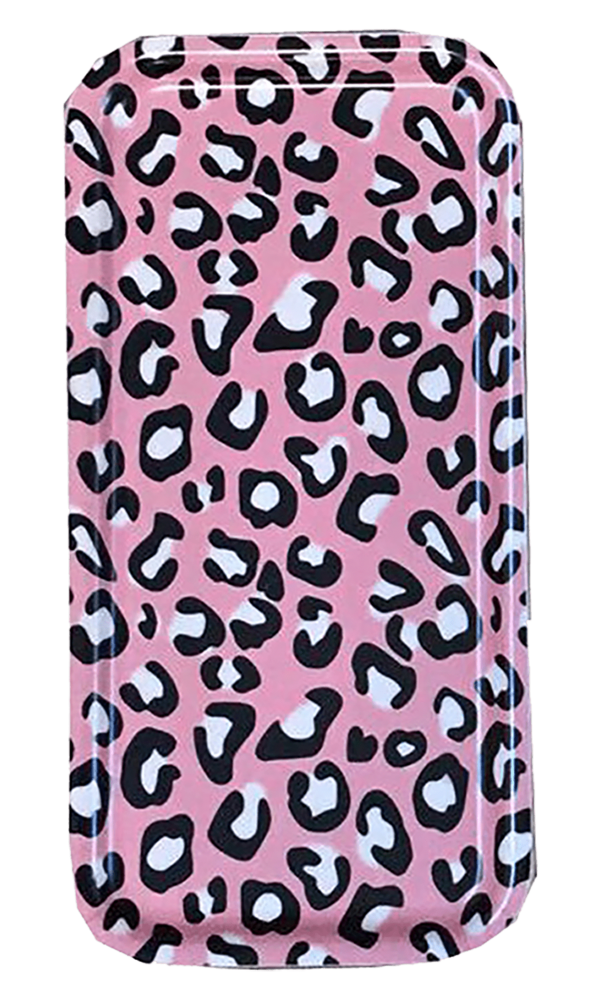 A rectangular wooden tray with a pink background and a black and white leopard print pattern. It has a small lip around the edges.