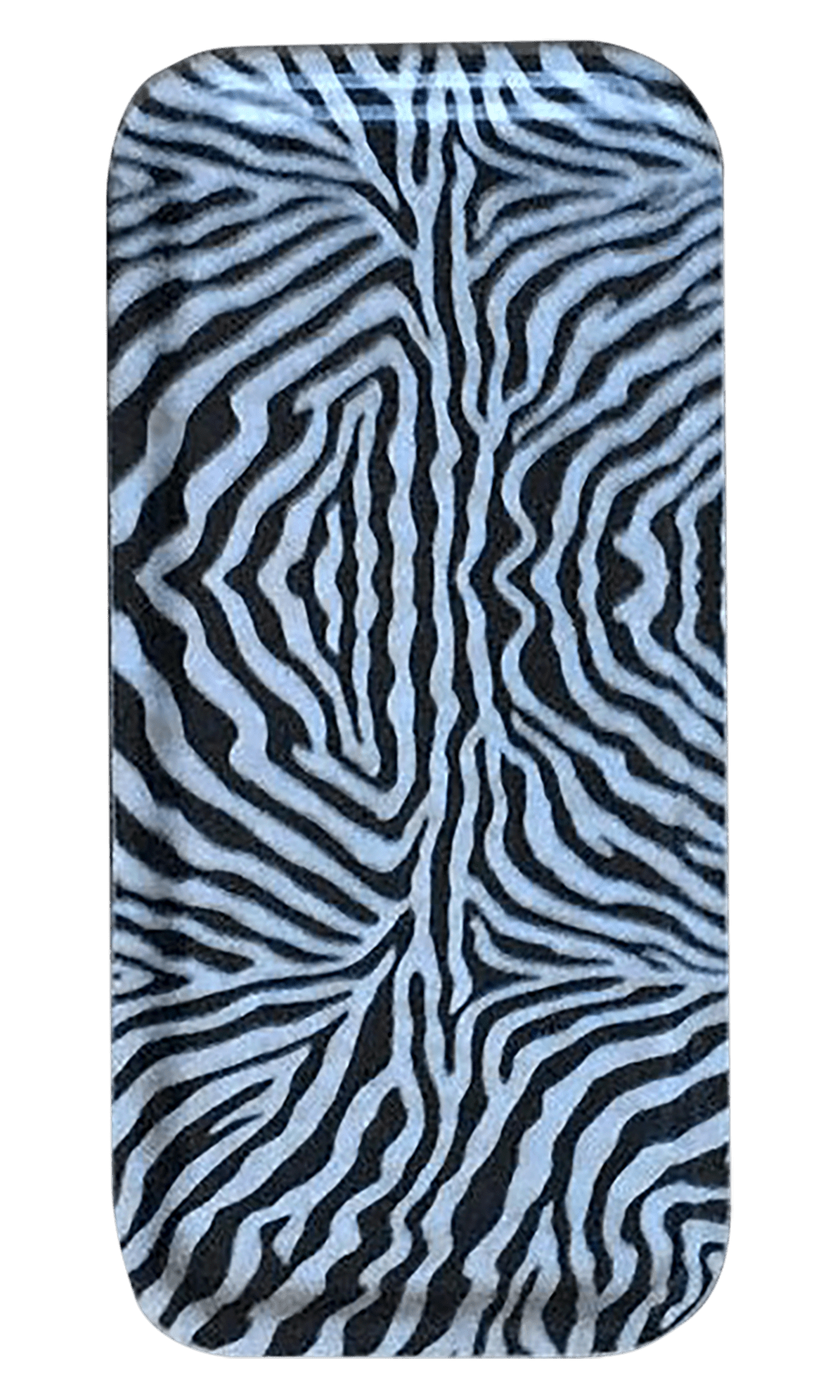 A rectangular wooden tray with a black and white zebra print pattern . The tray has a small lip around the edge.