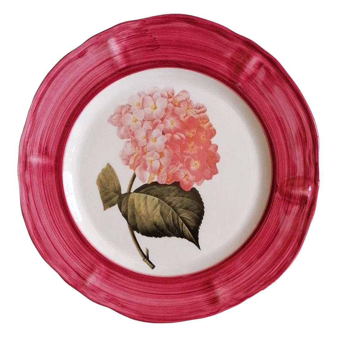 A ceramic plate with a handpainted image of a hydrangea flower in the centre and a deep pink rim.