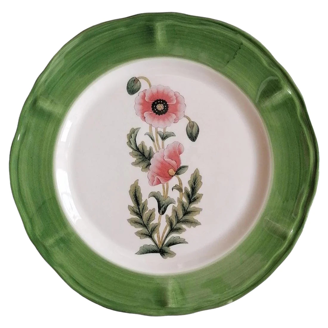 A ceramic plate with a handpainted poppy picture in the centre surrounded by an elegant green rim.