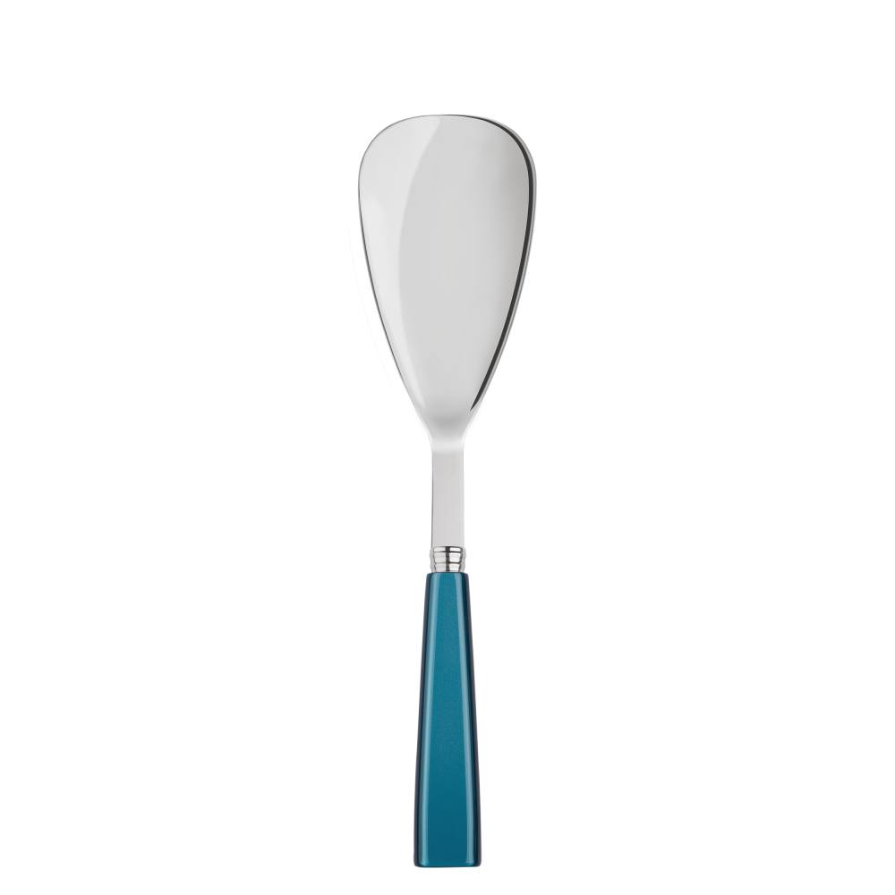 A sabre paris large serving spoon for rice and grains that has a bright turquoise coloured handle.