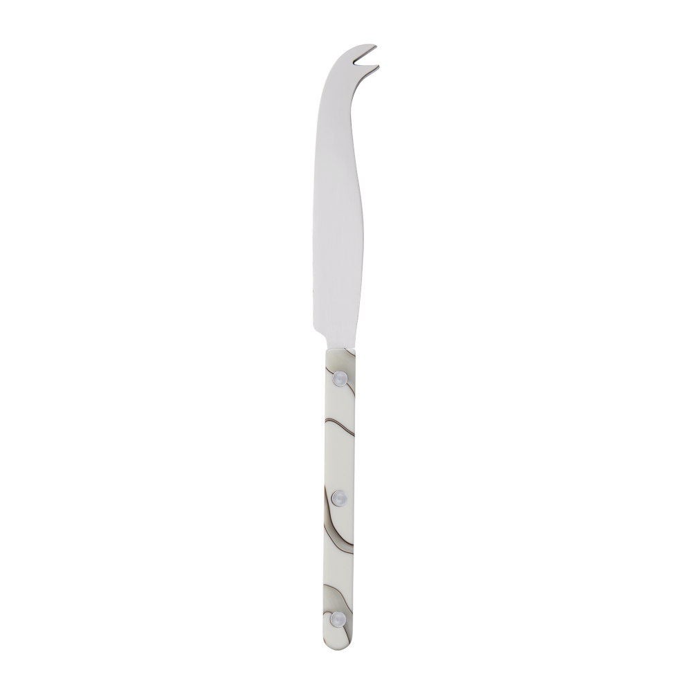 A Sabre cheese knife with a white and grey swirl pattern on the handle. 