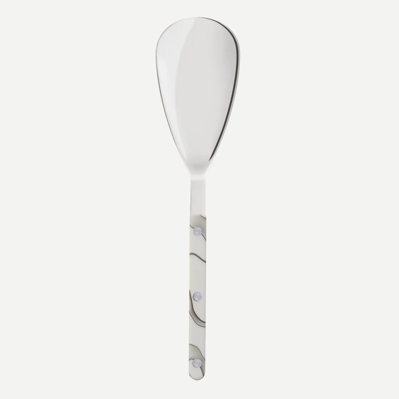 A large silver spoon made by Sabre Paris with a white and grey swirl pattern on the handle. 