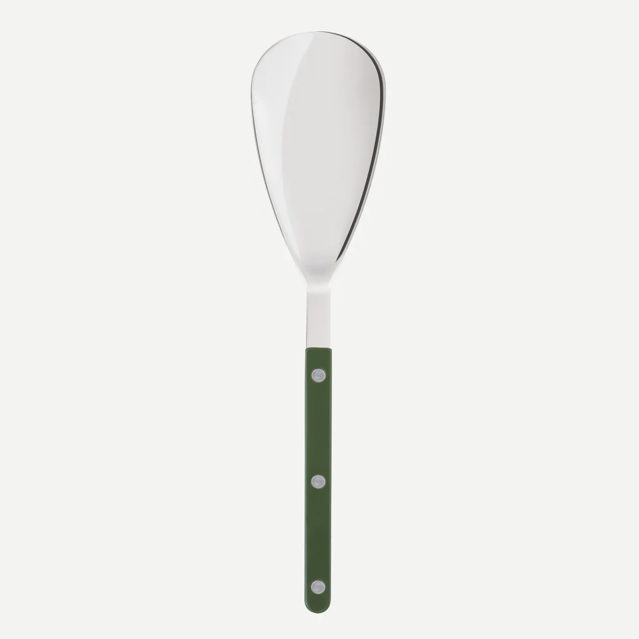 A large serving spoon made by Sabre Paris with a forest green colour handle. 