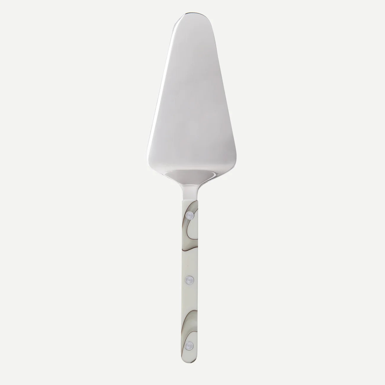 A tart slicer made by Sabre paris with a  white and grey swirl pattern on the handle.