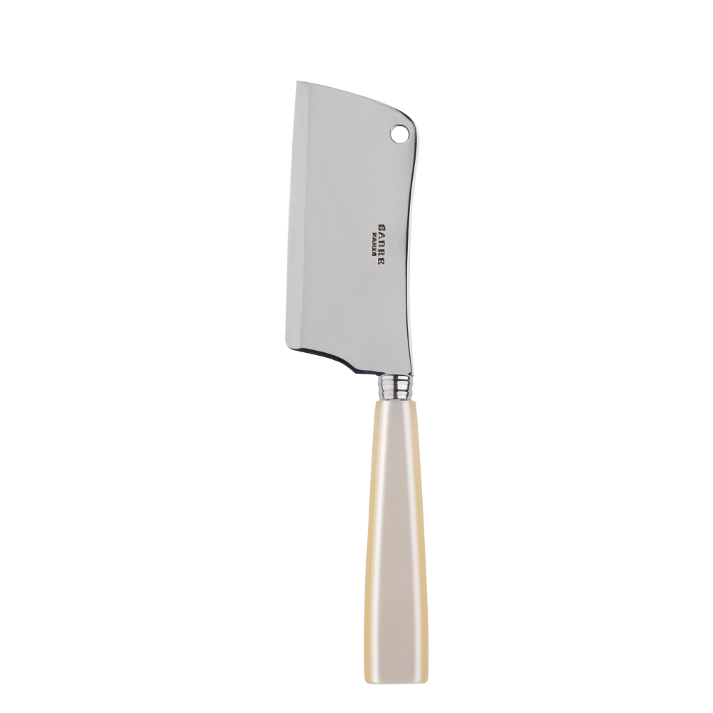 A sabre paris cheese cleaver with a natural pearl coloured handle. 