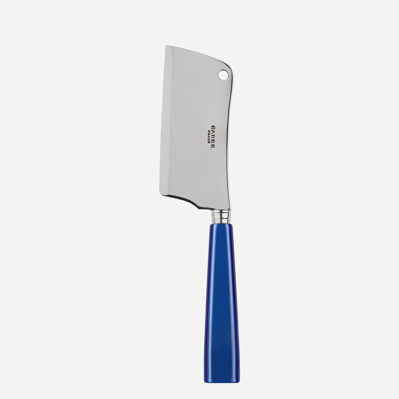 A sabre paris cheese cleaver with a lupis bright blue handle. 