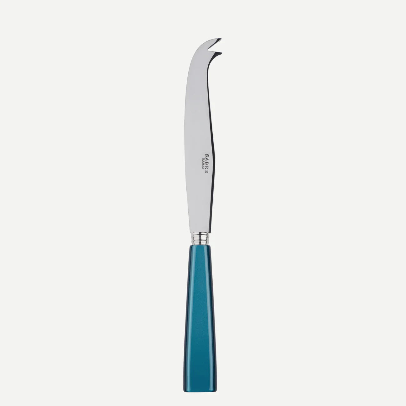 A sabre paris cheese knife with a turquoise coloured handle. 