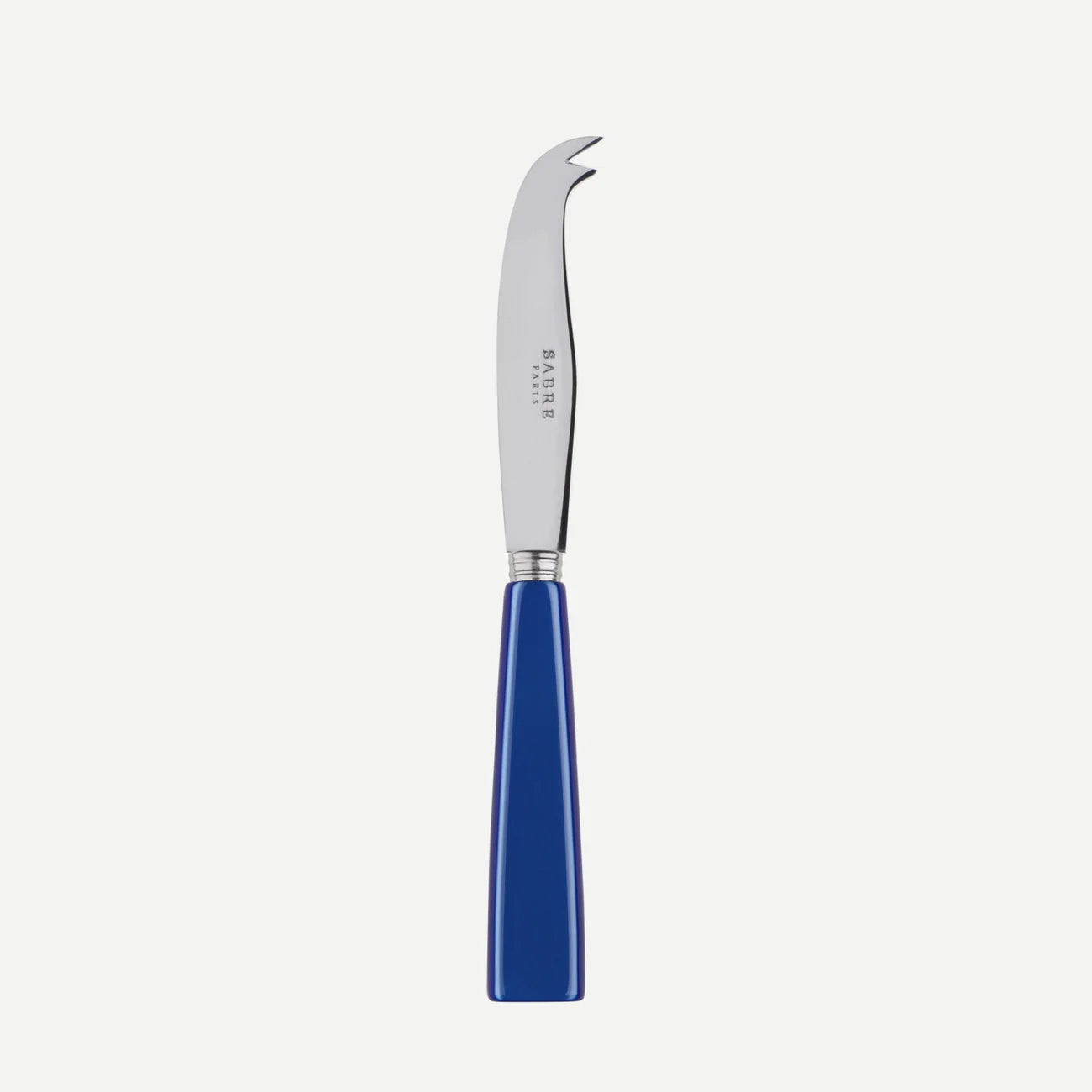 A small sabre paris cheese knife with a bright lapis blue handle. 
