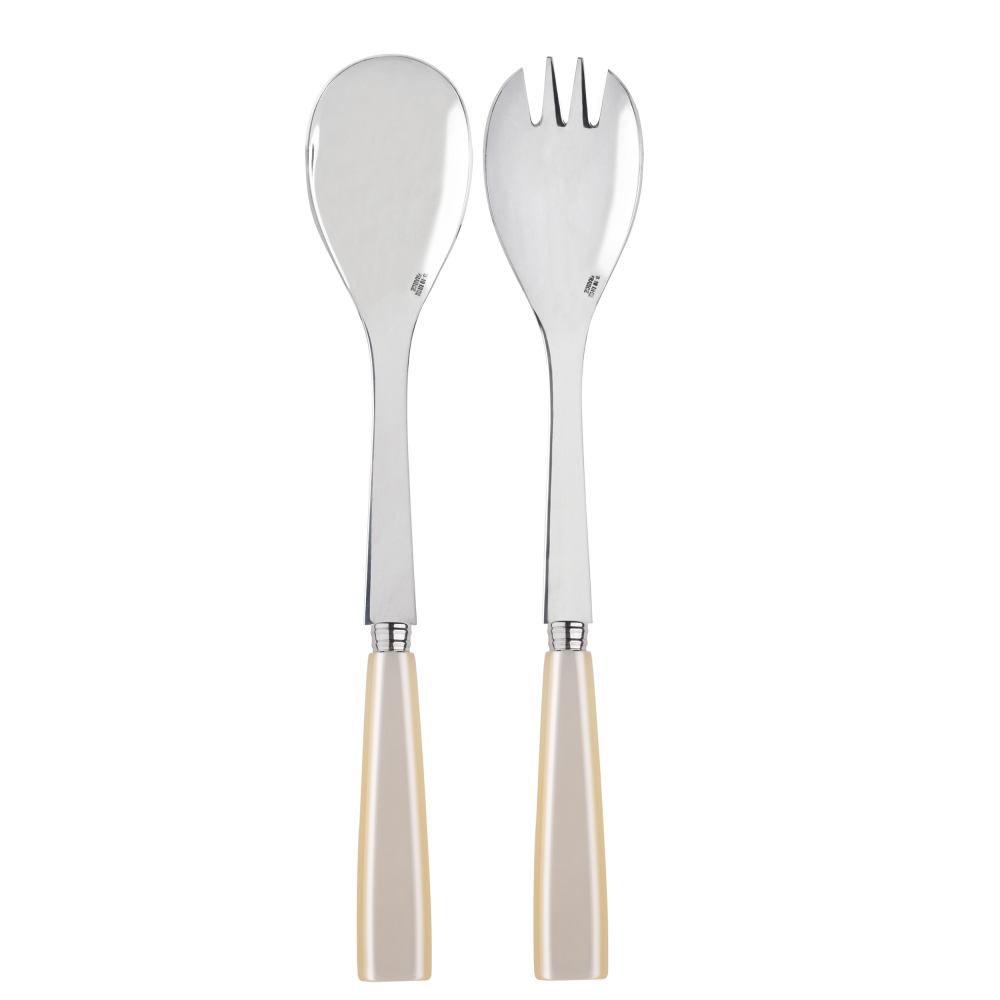 A sabre paris salad serving set comprising of a large fork and a large spoon with natural pearl coloured handles.