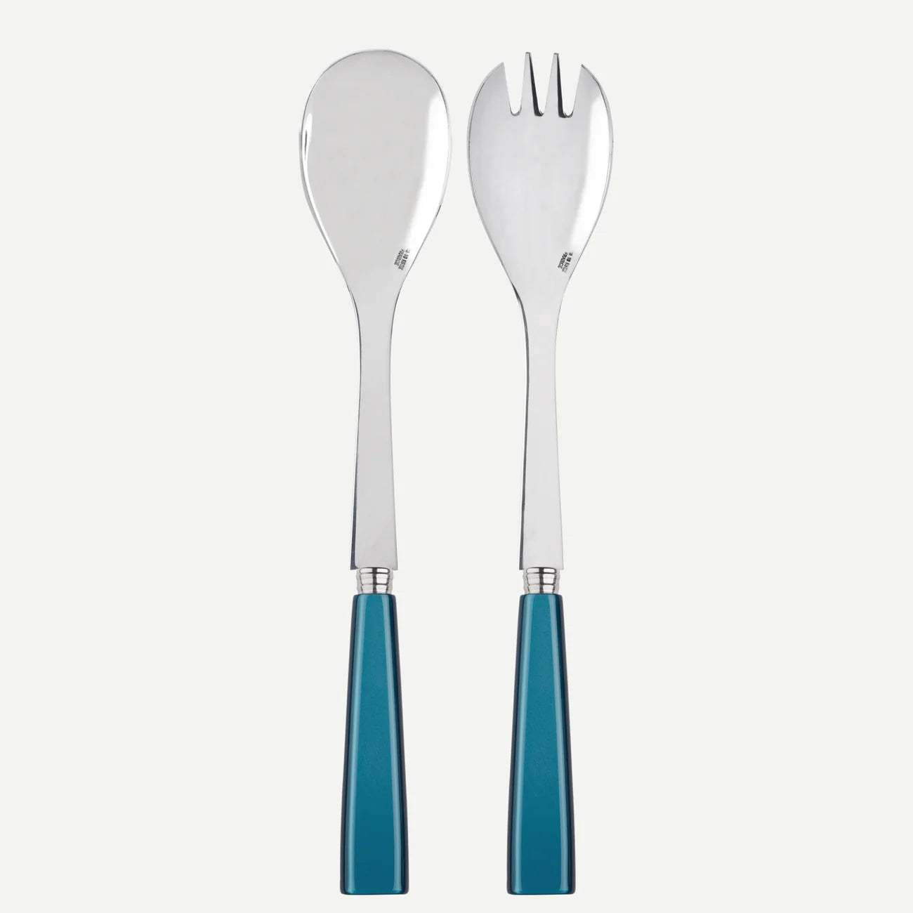 A sabre paris salad serving set comprising of a large fork and a large spoon with bright turquoise handles.