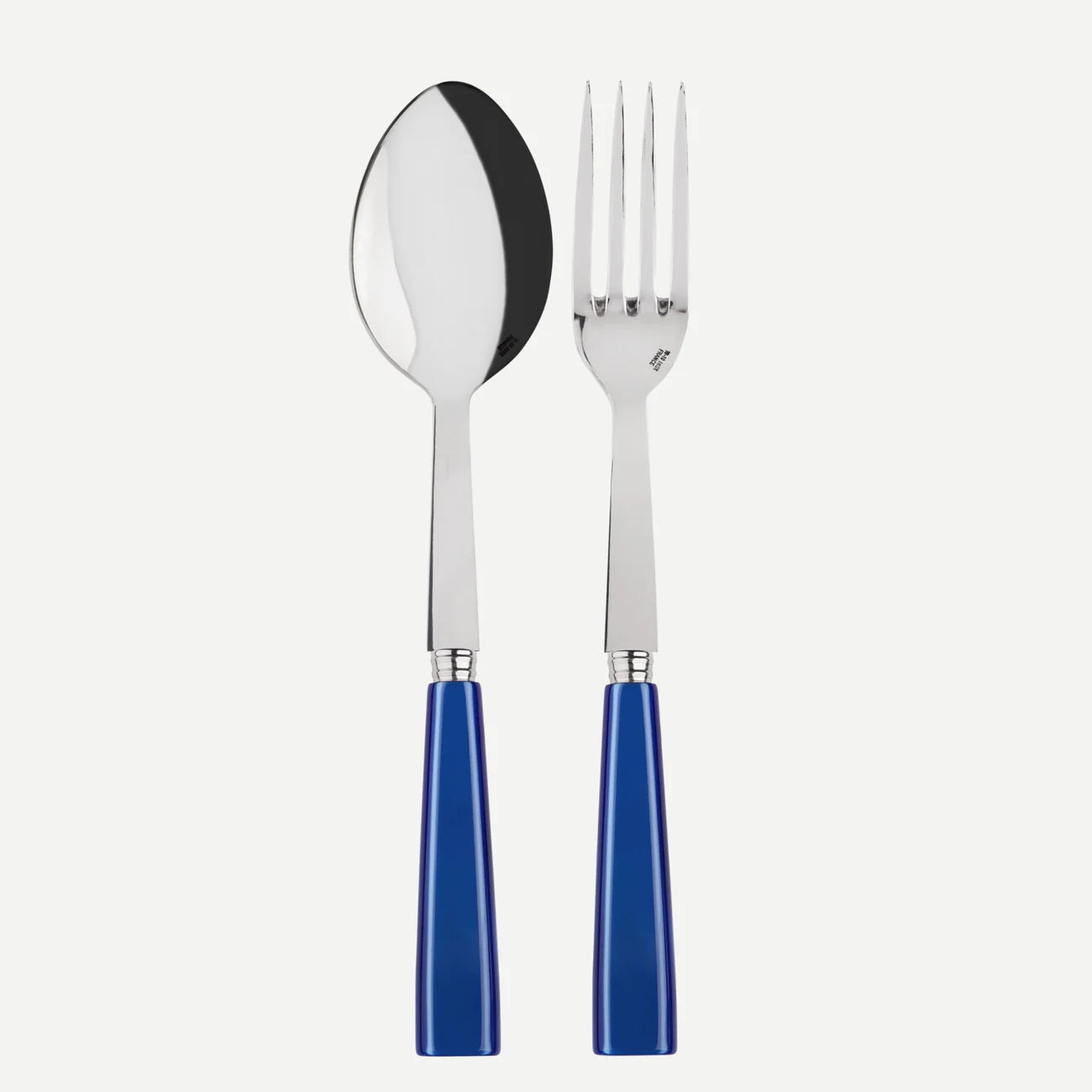 A sabre Paris icone serving set consisting of a large fork and a large spoon with bright lupis blue handles. 