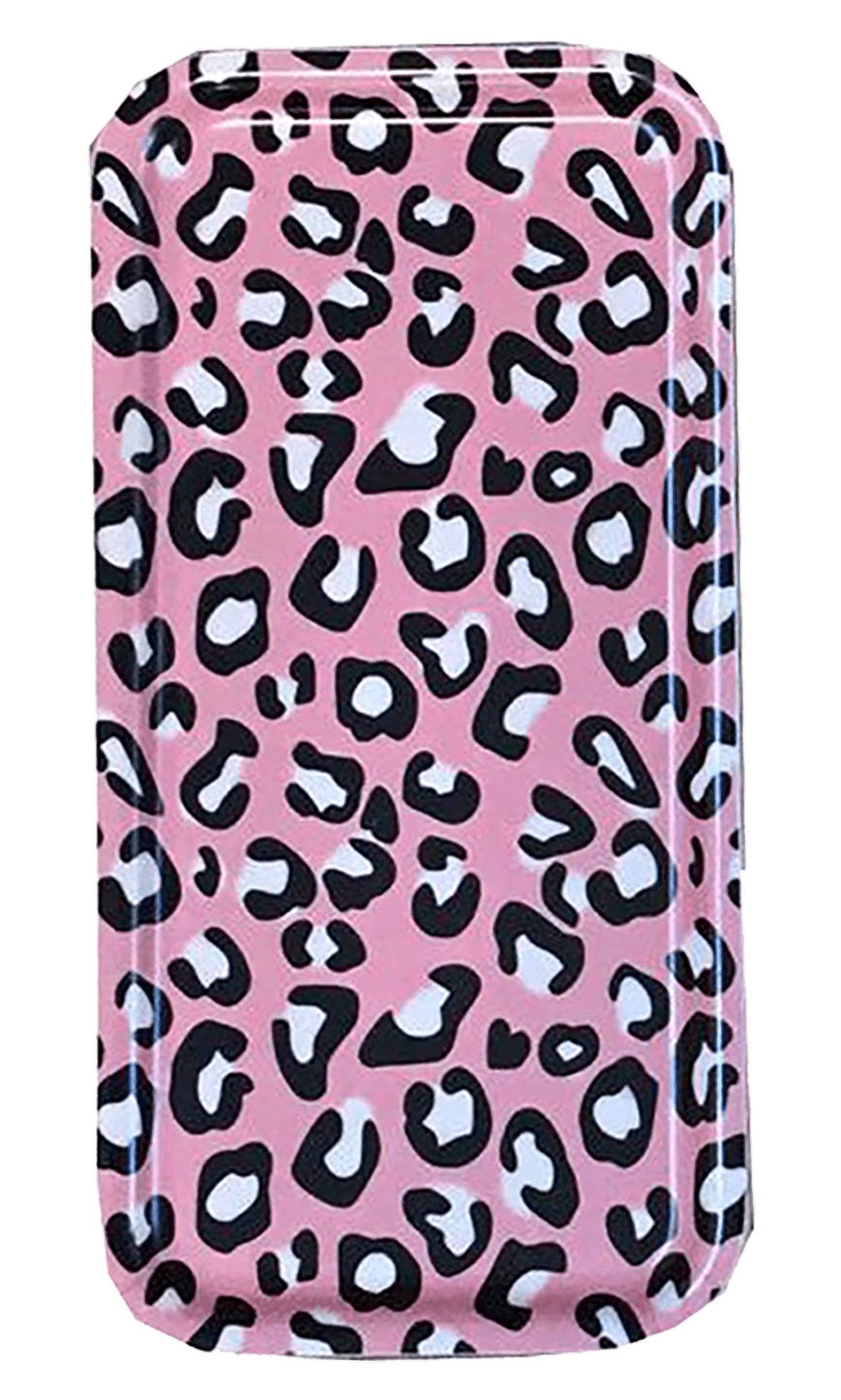 A rectangular wooden tray with a pink background and a black and white leopard print pattern. It has a small lip around the edges. 