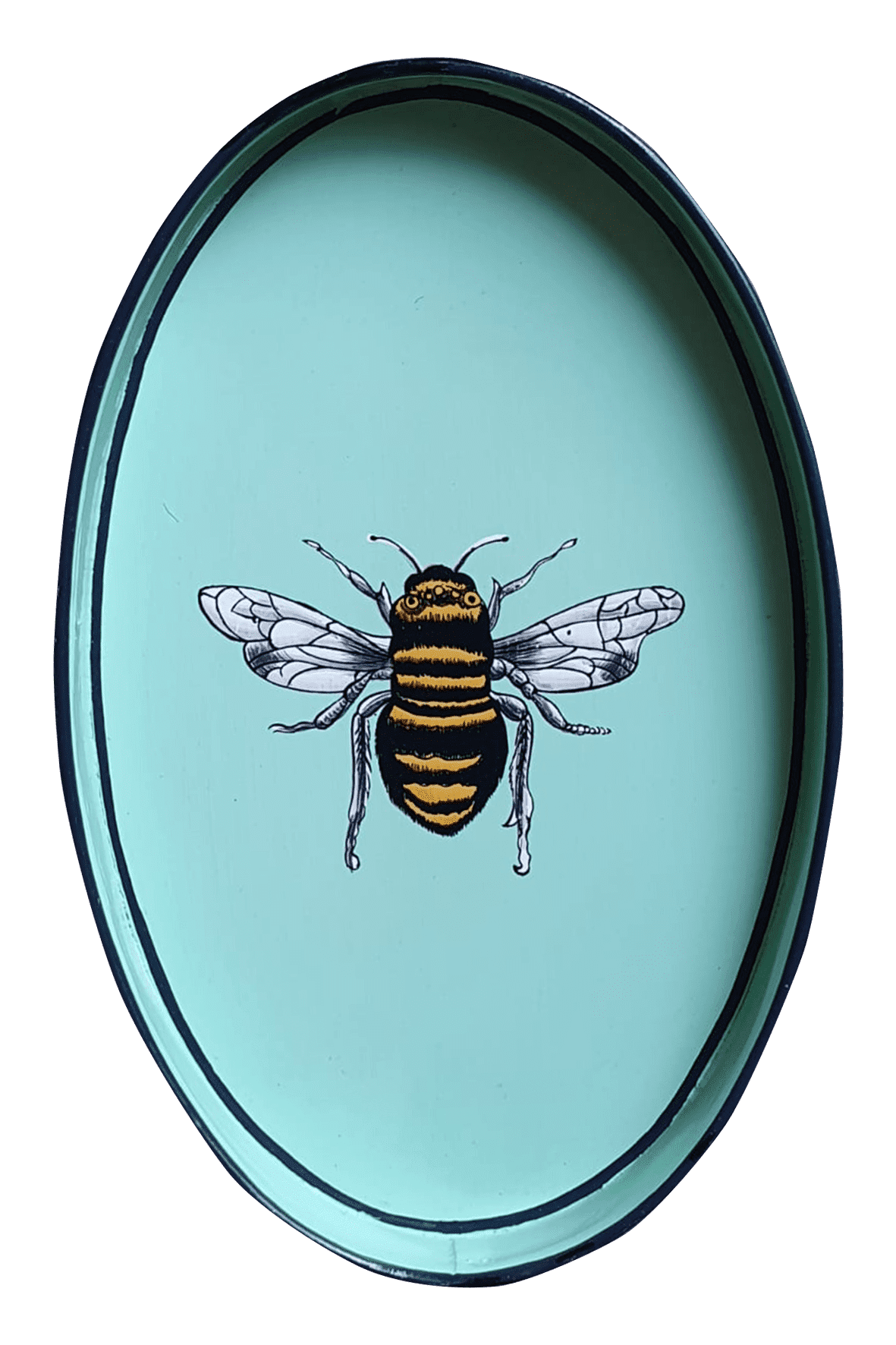 An oval shaped tray made from Iron which features a hand-painted illustration of a bumble bee on a turquoise background.