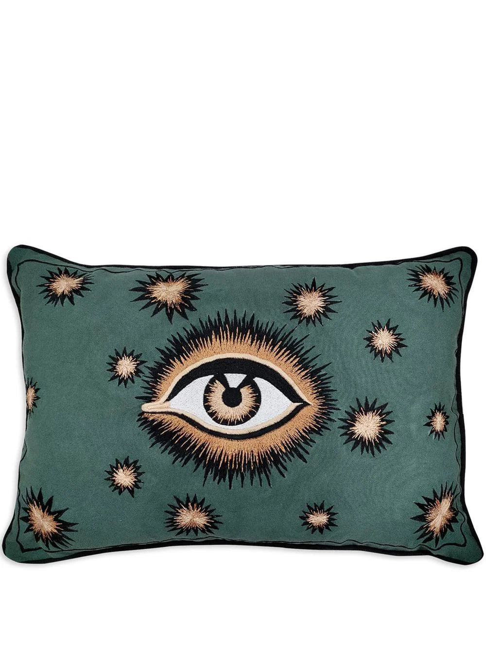 A green velvet cushion with a large embroidered eye motif in the centre, surrounded by black and gold starbusts and finished with a black piped edge. 