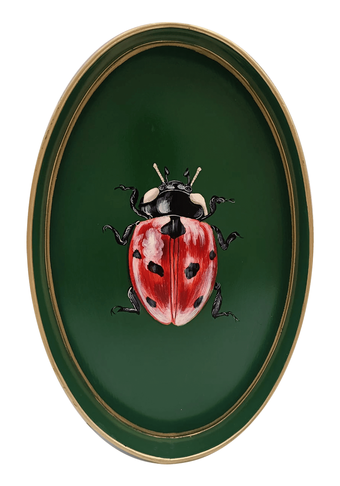 An oval shapped iron tray thattray features a hand-painted illustration of a Ladybird on a deep forest green background with a stylish gold border.