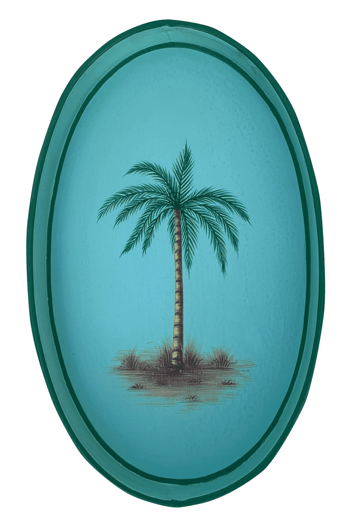 An oval shaped iron tray that tray features a hand-painted illustration of a Palm Tree on a blue -turquoise background.