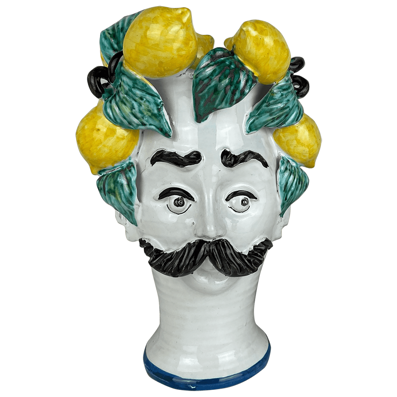 A ceramic vase in the Sicilian male head style featuring lemons on top and a large moustache. 