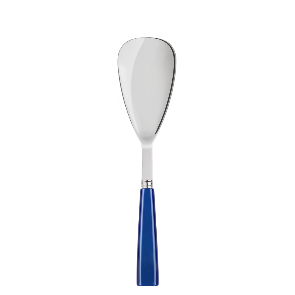 A sabre paris large spoon that can be used for rice or serving with a bright lapis blue handle. 