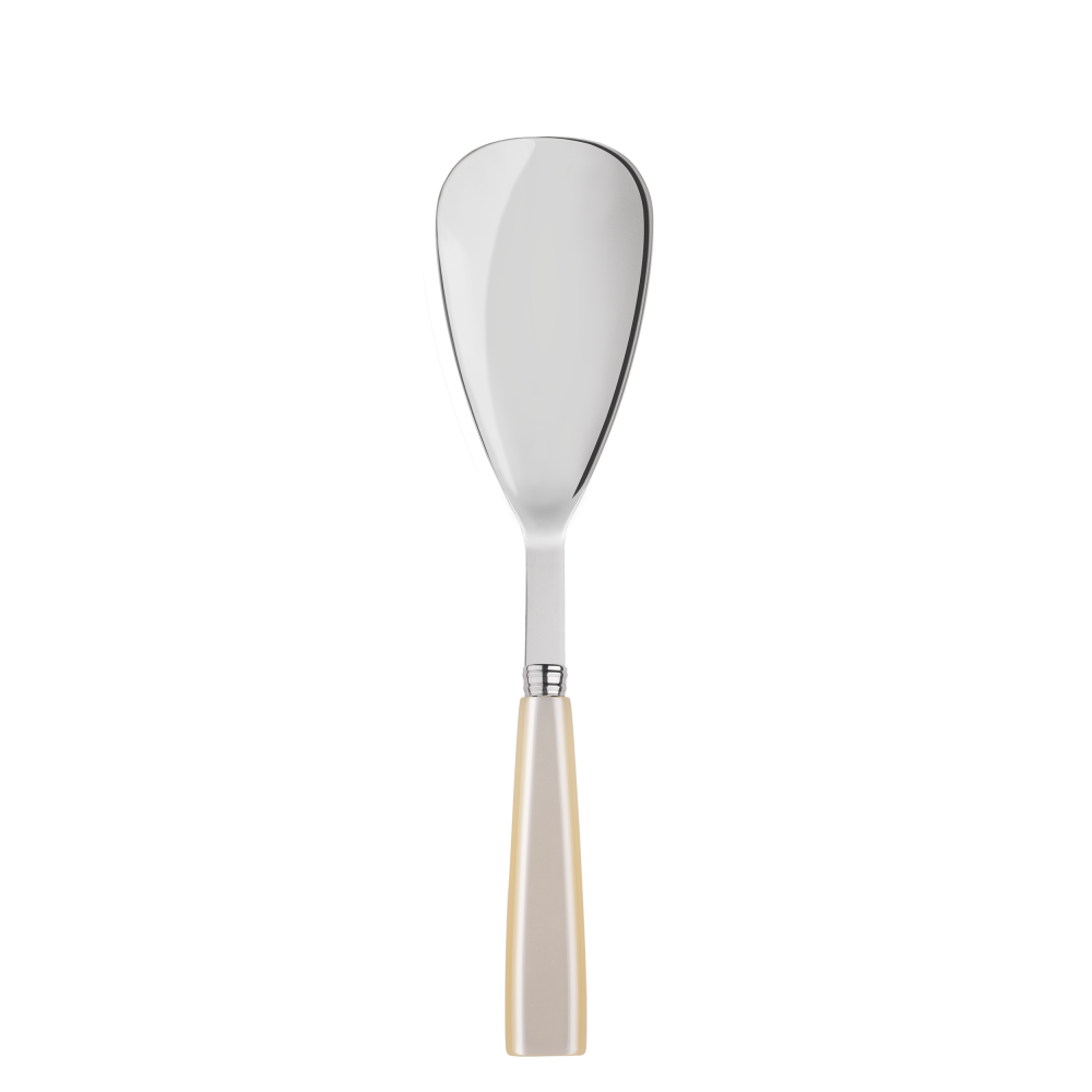 A sabre paris large spoon that can be used for serving rice and similar grains with a natural/ pearl coloured handle. 